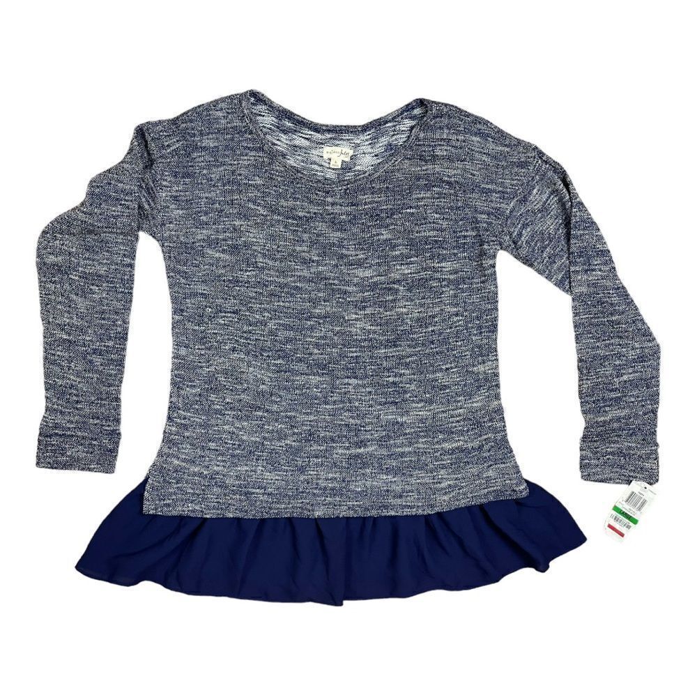 NWT Maison Jules Tops Blue Metallic Knit Ruffled Hem Sweater Women’s Size Large